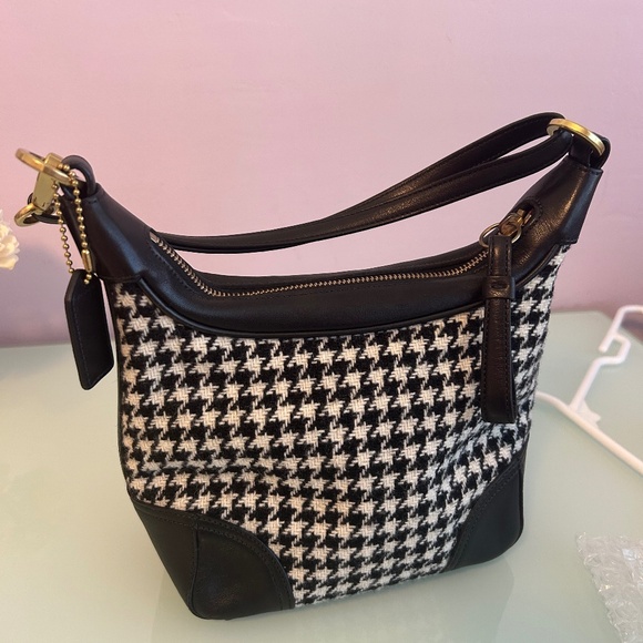 RARE Vintage Coach Houndstooth Tweed Wool & Leather Shoulder Bag - Picture 2 of 7